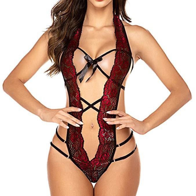 Women Halterneck Lace Up With Bow G-String Lace Lingerie