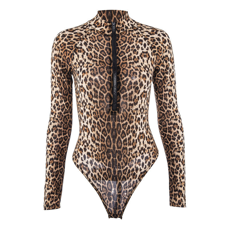 Women High Neck Zipper Up Leopard High Cut One Piece