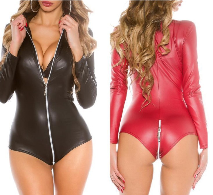 Women leather PU high neck zipper up high cut one piece