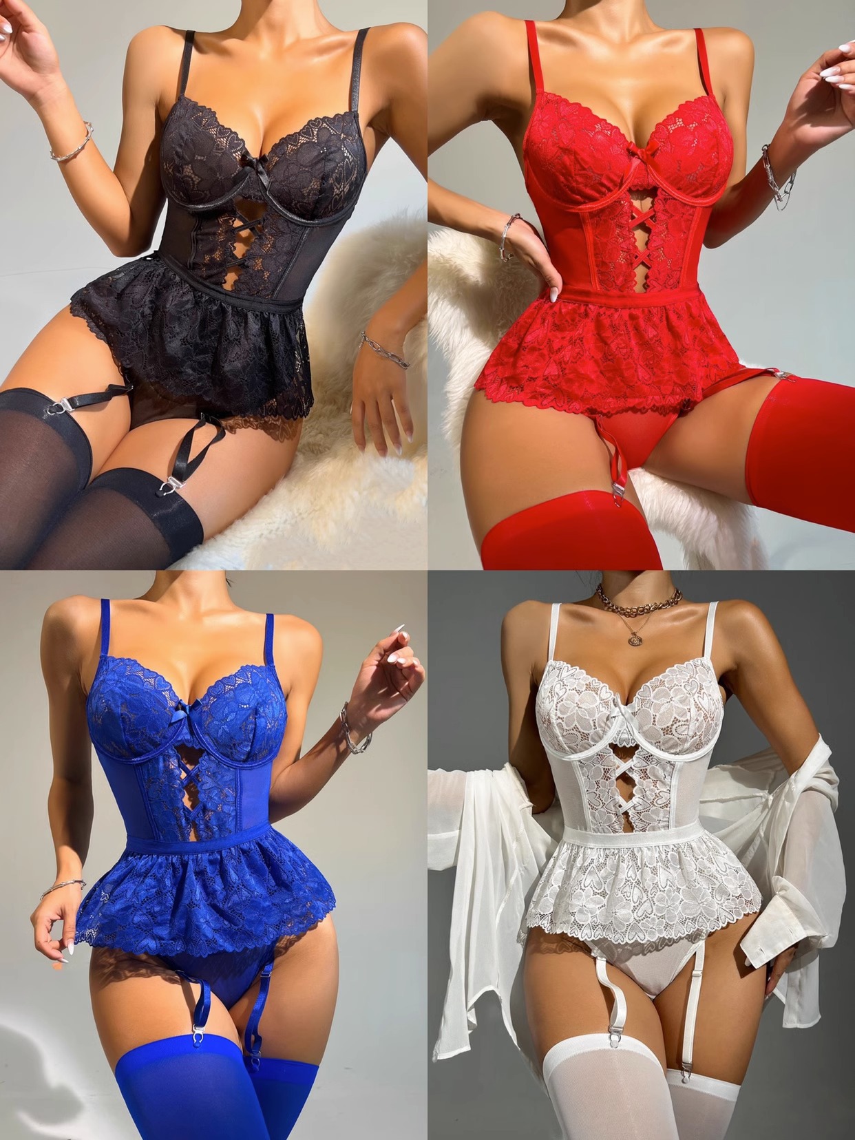 Women Lace Pactchwork With Mesh Fabric Corset Lingerie With Garter Clasp