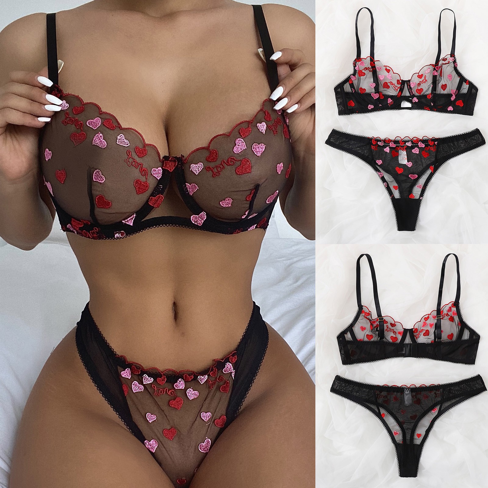 Women Semi-Sheer Bra And Panty Set With Love Patterned Embroidery