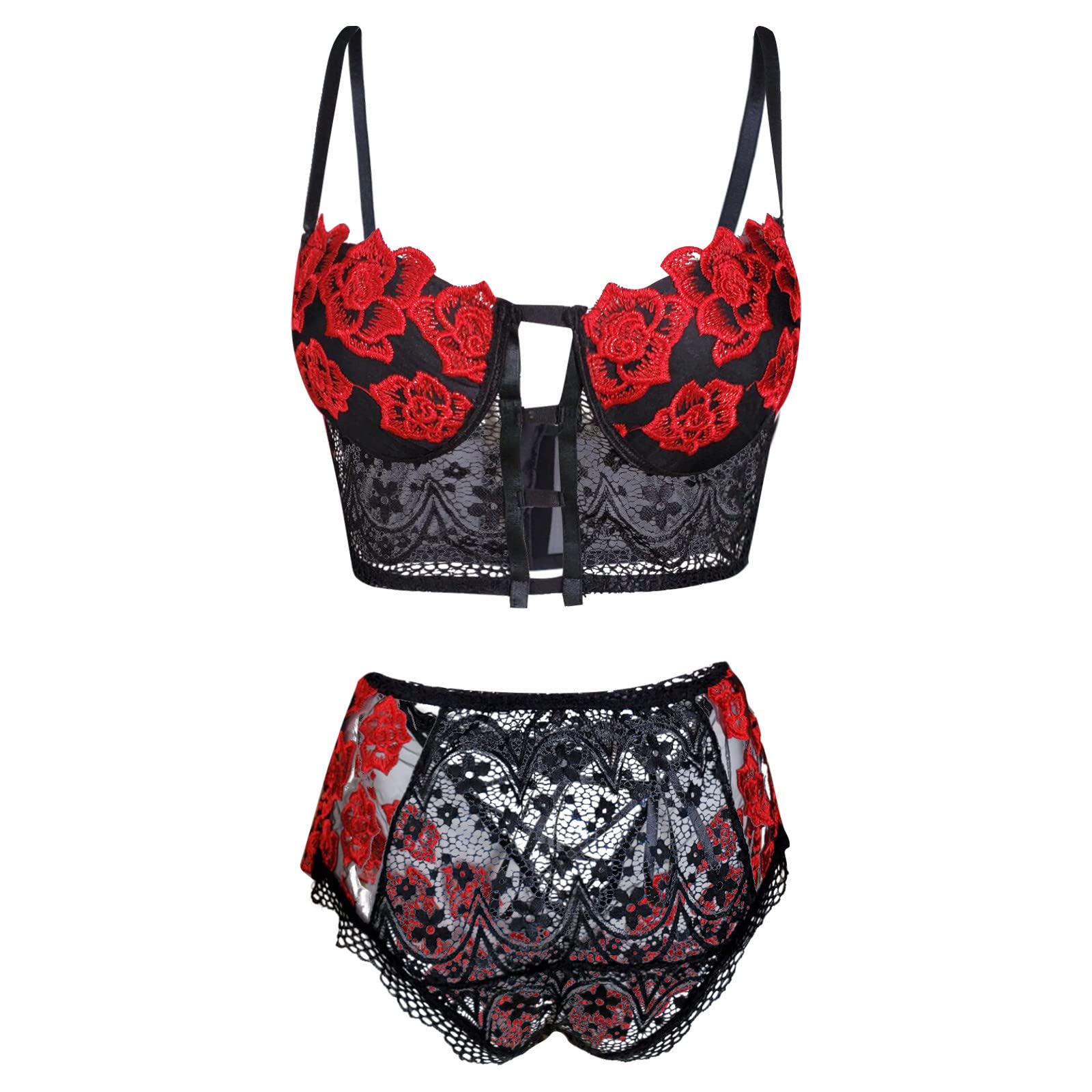 Women Rose Embroidery Bra And High Cut Panty Set With Straps