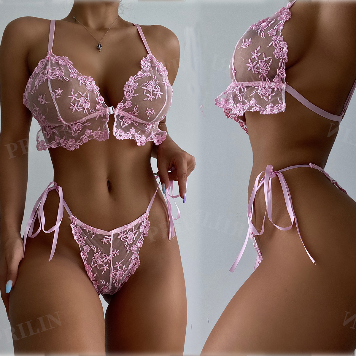 Women Pinky See Through Floral Embroidery Bra And Lace-Up Panty